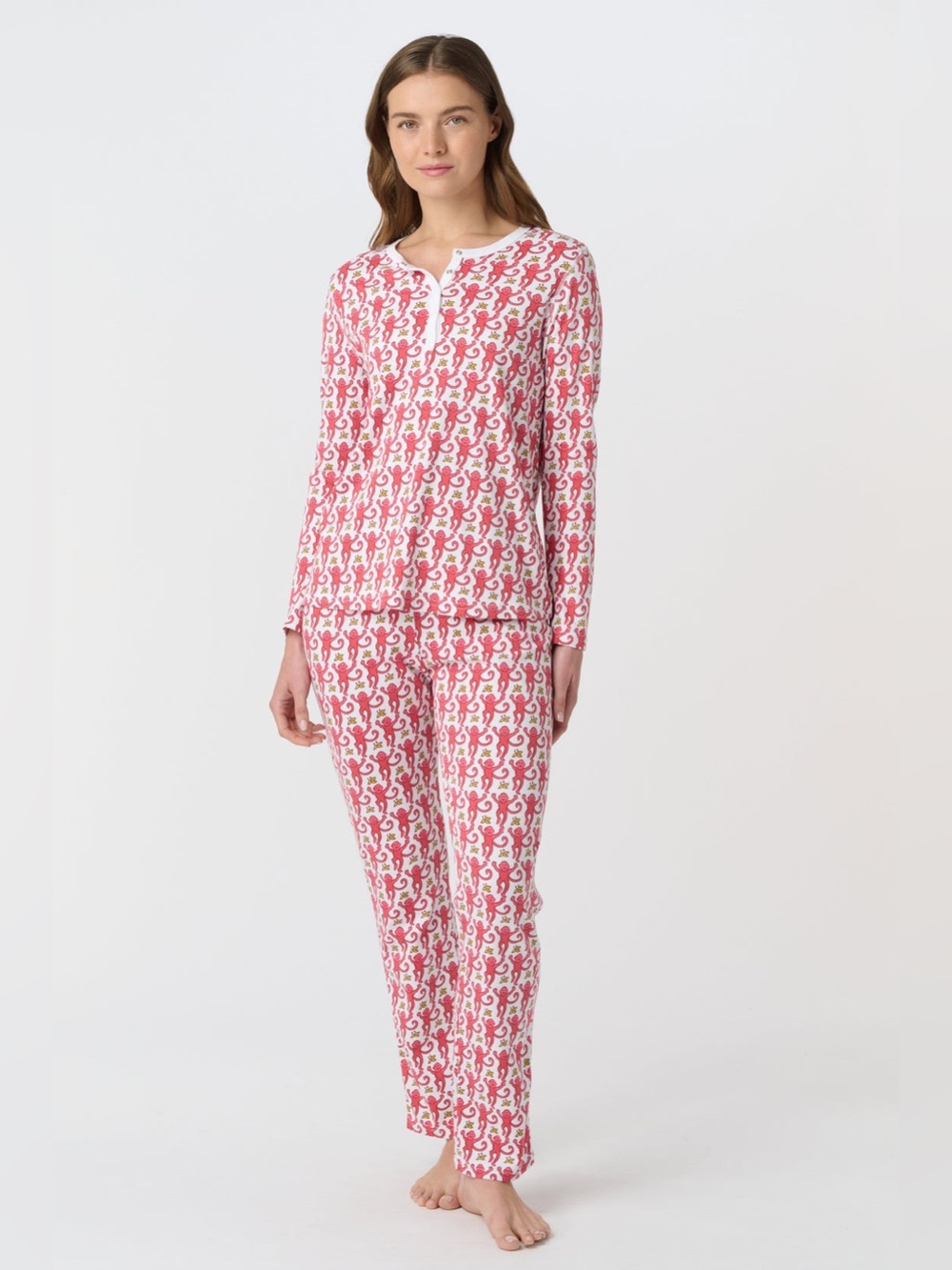 Roller Rabbit Pink Monkey Pajama Set Long Sleeve Pima Cotton Size M